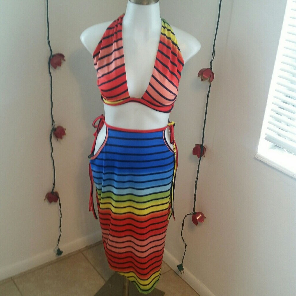 Rainbow Stripe Halter Top and Skirt